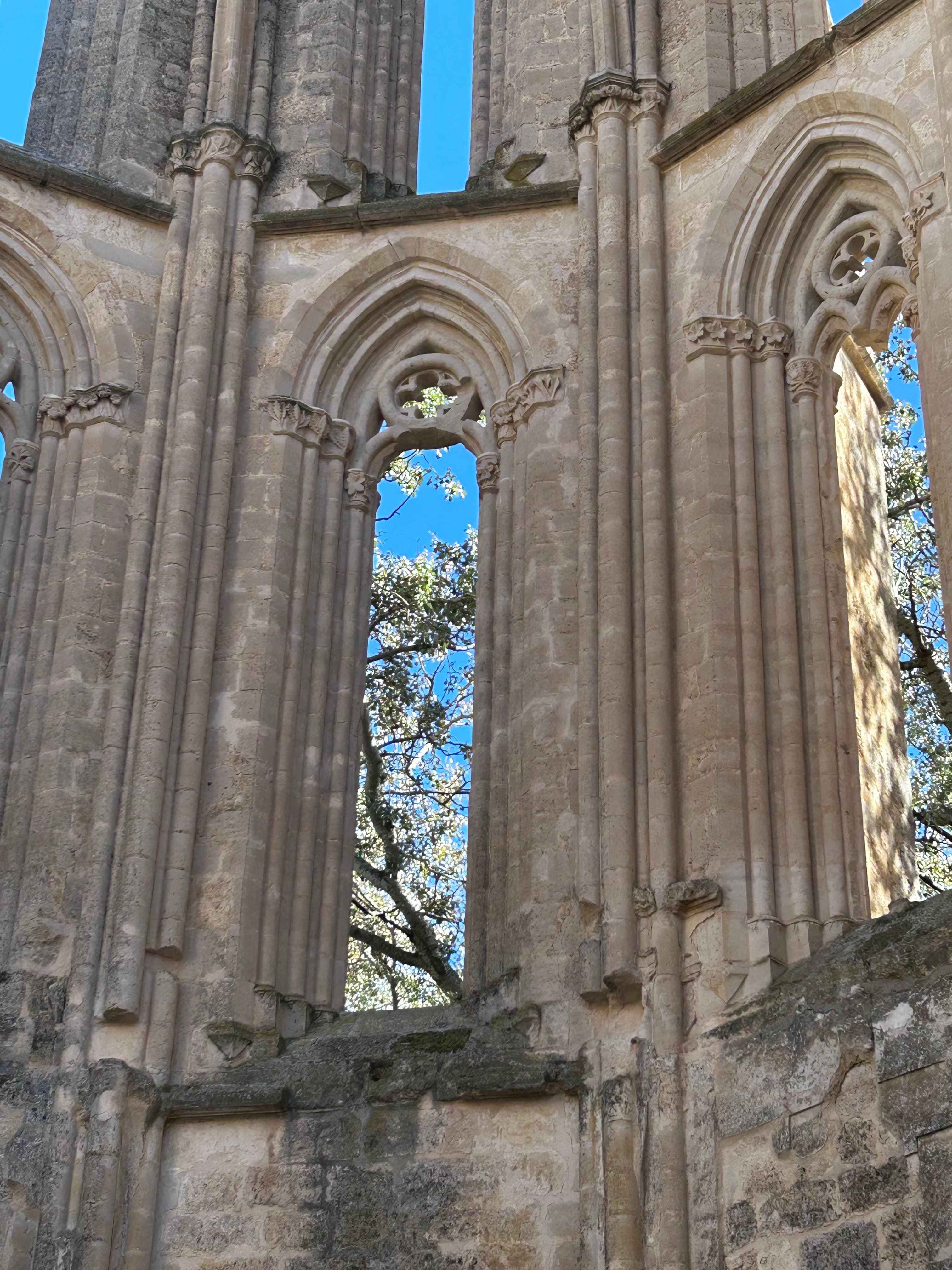 Gothic stone arches and windows of Castrojeriz, Spain, with trees visible through the openings against a clear blue sky.