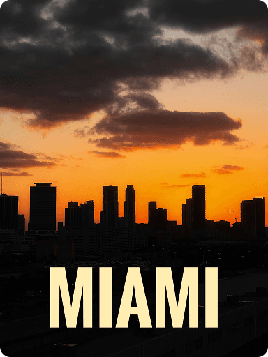 Silhouette of Miami's skyline at sunset, with orange and yellow sky, and "MIAMI" in bold letters at the bottom.