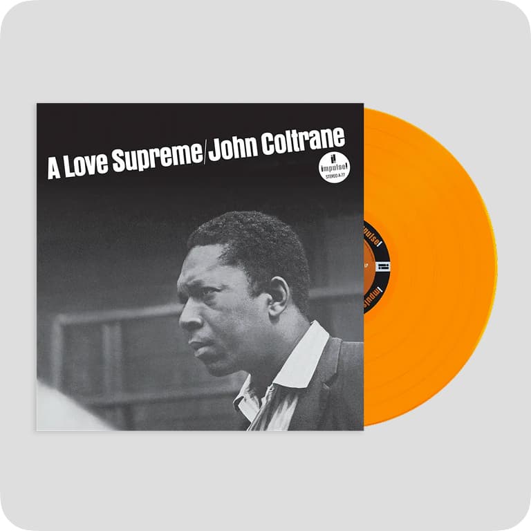 Album cover for "A Love Supreme" by John Coltrane, featuring a black-and-white photo of Coltrane and an orange vinyl record.