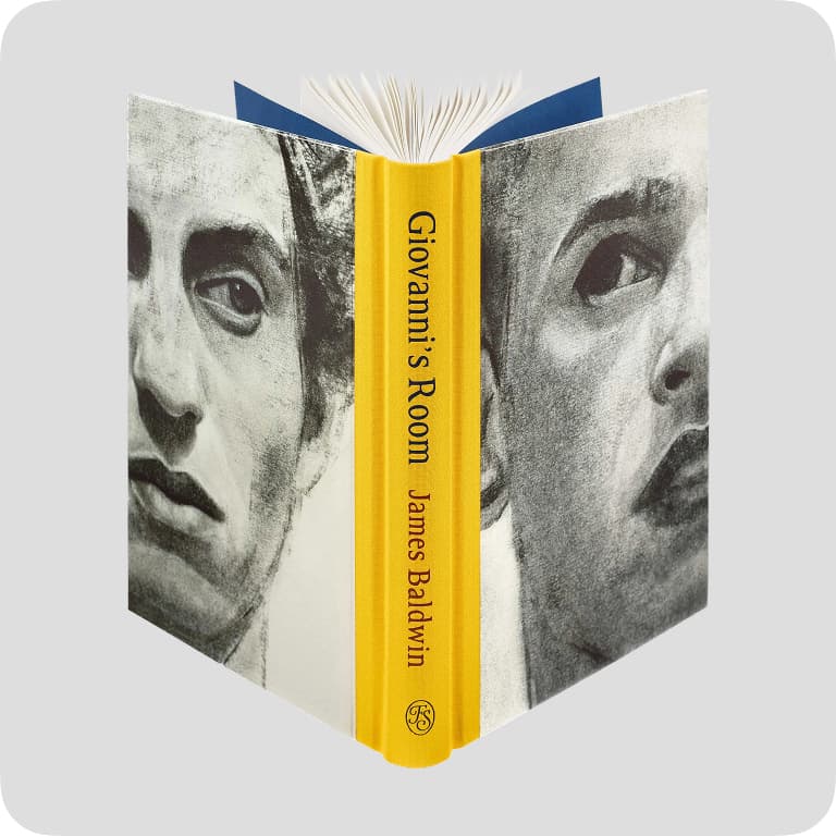Cover of "Giovanni's Room" by James Baldwin, featuring black-and-white sketches of two faces on either side of a yellow spine.