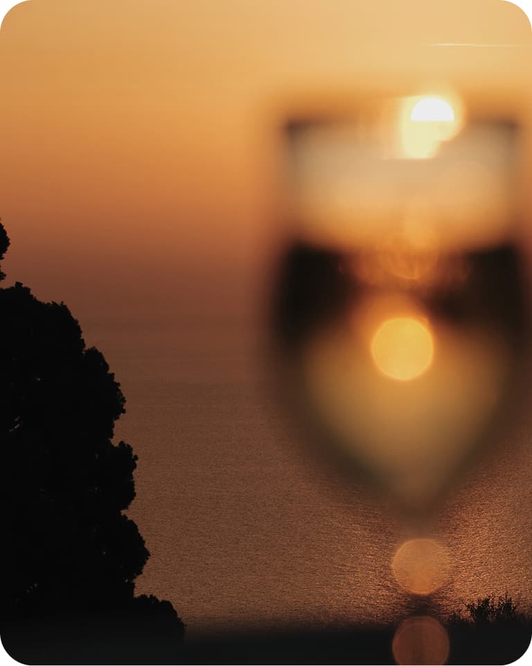Out-of-focus wine glass reflecting a golden sunset over the sea, with a silhouetted tree at left.
